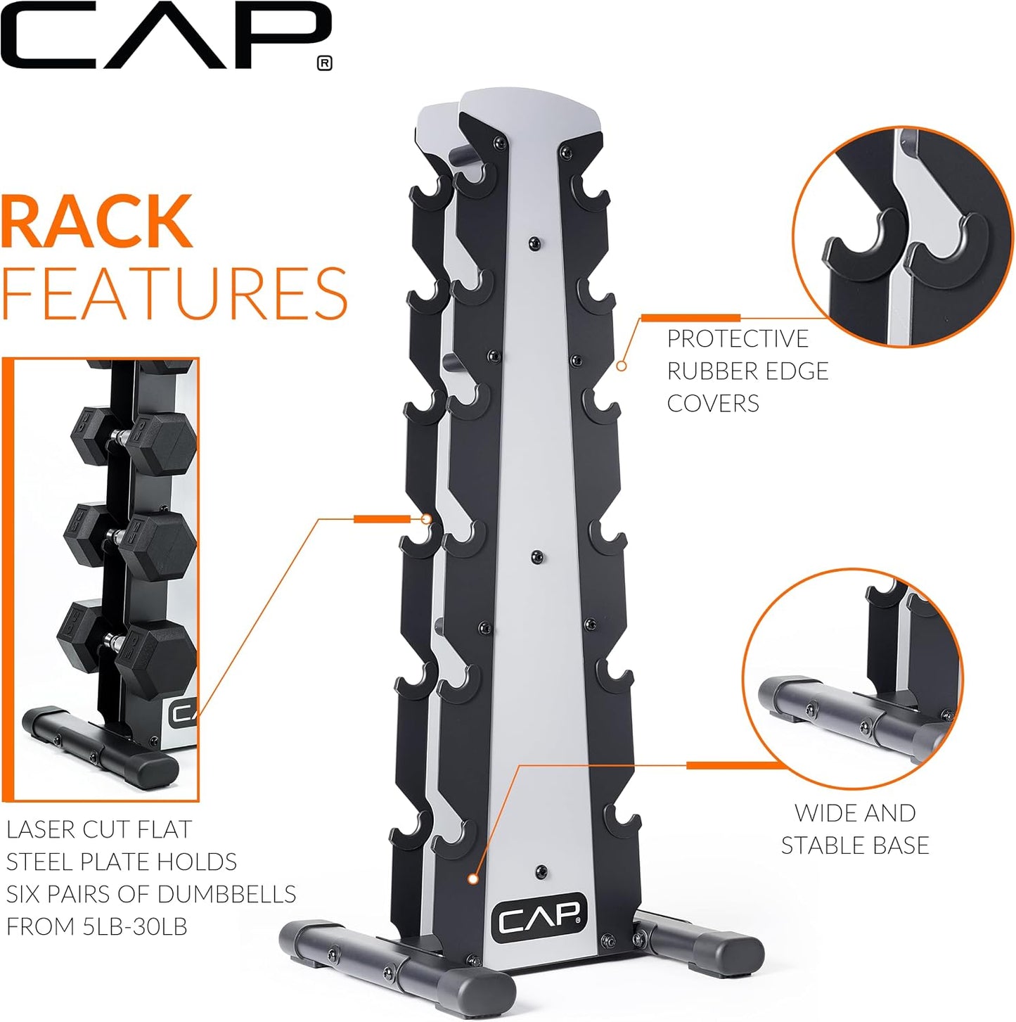 Rubber Coated Hex Dumbbell Set with Storage Rack | 100–210 lb Options, Space-Saving Vertical Compact Storage for Home Gym Strength Training