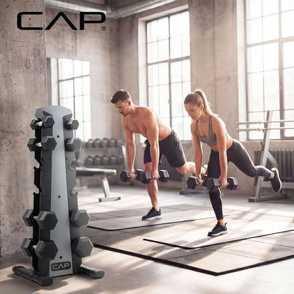 Rubber Coated Hex Dumbbell Set with Storage Rack | 100–210 lb Options, Space-Saving Vertical Compact Storage for Home Gym Strength Training