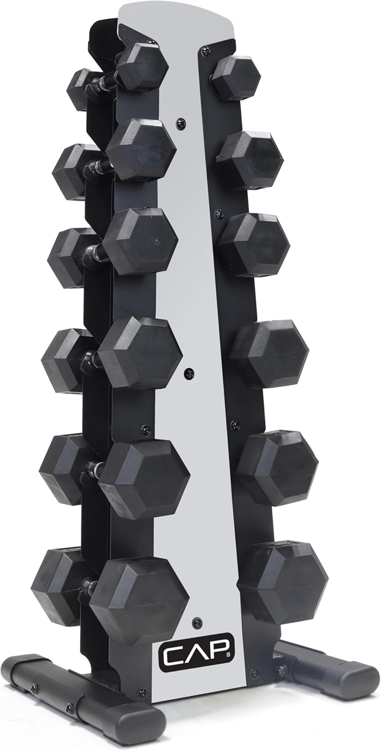 Rubber Coated Hex Dumbbell Set with Storage Rack | 100–210 lb Options, Space-Saving Vertical Compact Storage for Home Gym Strength Training