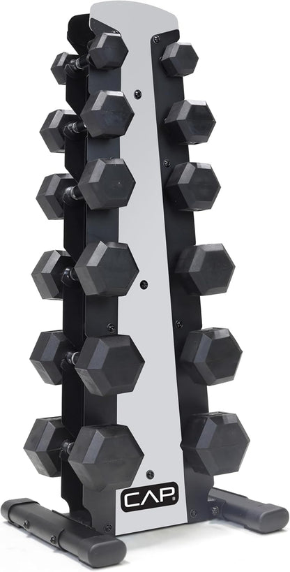 Rubber Coated Hex Dumbbell Set with Storage Rack | 100–210 lb Options, Space-Saving Vertical Compact Storage for Home Gym Strength Training
