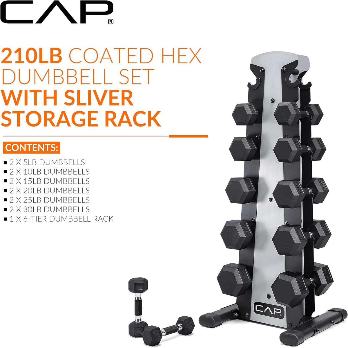 Rubber Coated Hex Dumbbell Set with Storage Rack | 100–210 lb Options, Space-Saving Vertical Compact Storage for Home Gym Strength Training