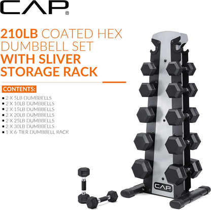 Rubber Coated Hex Dumbbell Set with Storage Rack | 100–210 lb Options, Space-Saving Vertical Compact Storage for Home Gym Strength Training