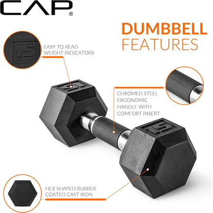 Rubber Coated Hex Dumbbell Set with Storage Rack | 100–210 lb Options, Space-Saving Vertical Compact Storage for Home Gym Strength Training