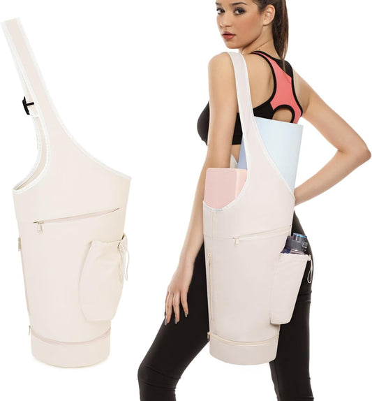 Yoga Mat Bag, Large Opening Long Tote Yoga Mat Carrier Holder Bag with Waterproof Wet Pocket and Drawstring Water Bottle Pocket, Adjustable Shoulder Strap Storage Bag, patent pending