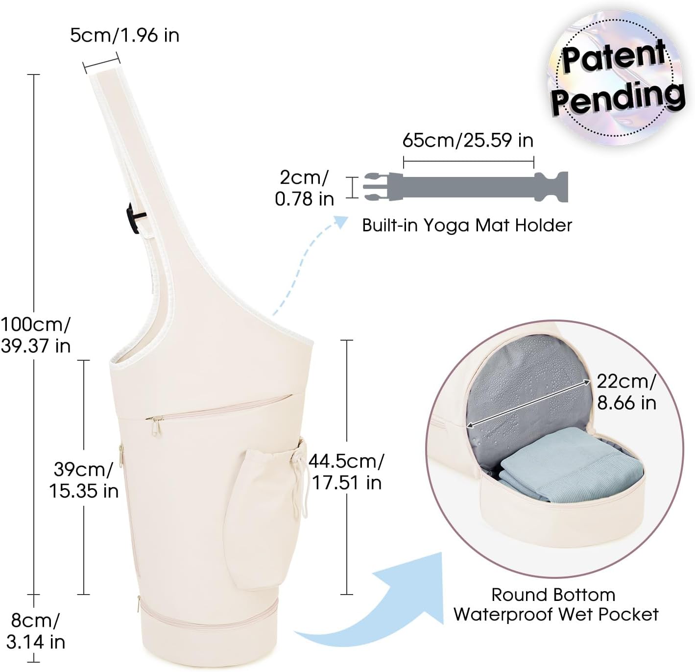 Yoga Mat Bag, Large Opening Long Tote Yoga Mat Carrier Holder Bag with Waterproof Wet Pocket and Drawstring Water Bottle Pocket, Adjustable Shoulder Strap Storage Bag, patent pending