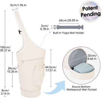Yoga Mat Bag, Large Opening Long Tote Yoga Mat Carrier Holder Bag with Waterproof Wet Pocket and Drawstring Water Bottle Pocket, Adjustable Shoulder Strap Storage Bag, patent pending