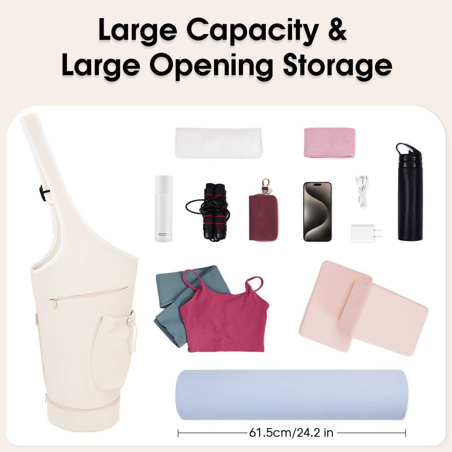 Yoga Mat Bag, Large Opening Long Tote Yoga Mat Carrier Holder Bag with Waterproof Wet Pocket and Drawstring Water Bottle Pocket, Adjustable Shoulder Strap Storage Bag, patent pending