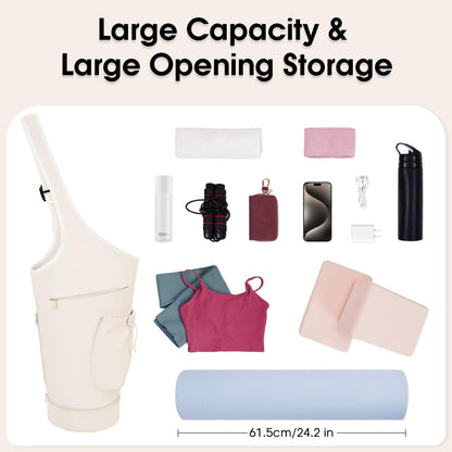 Yoga Mat Bag, Large Opening Long Tote Yoga Mat Carrier Holder Bag with Waterproof Wet Pocket and Drawstring Water Bottle Pocket, Adjustable Shoulder Strap Storage Bag, patent pending