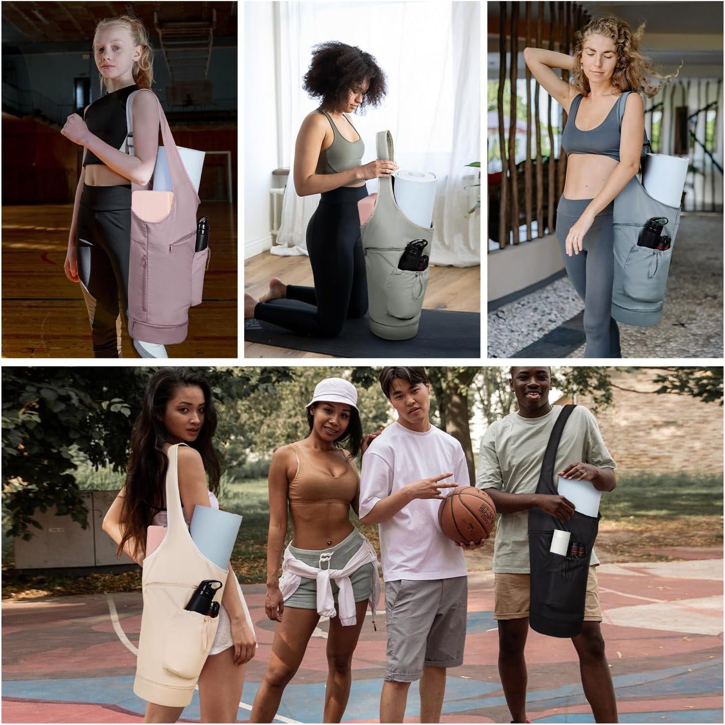 Yoga Mat Bag, Large Opening Long Tote Yoga Mat Carrier Holder Bag with Waterproof Wet Pocket and Drawstring Water Bottle Pocket, Adjustable Shoulder Strap Storage Bag, patent pending