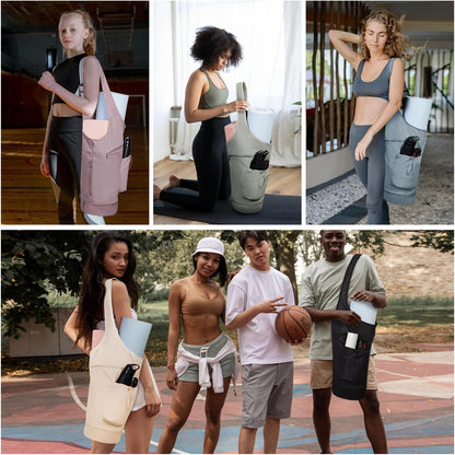 Yoga Mat Bag, Large Opening Long Tote Yoga Mat Carrier Holder Bag with Waterproof Wet Pocket and Drawstring Water Bottle Pocket, Adjustable Shoulder Strap Storage Bag, patent pending