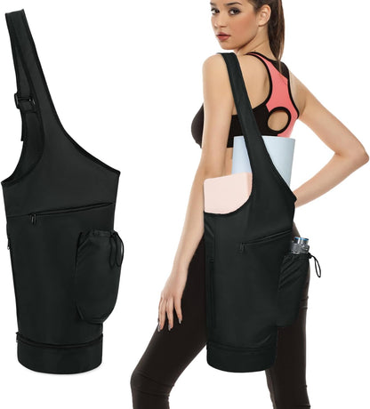 Yoga Mat Bag, Large Opening Long Tote Yoga Mat Carrier Holder Bag with Waterproof Wet Pocket and Drawstring Water Bottle Pocket, Adjustable Shoulder Strap Storage Bag, patent pending