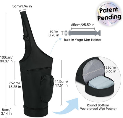 Yoga Mat Bag, Large Opening Long Tote Yoga Mat Carrier Holder Bag with Waterproof Wet Pocket and Drawstring Water Bottle Pocket, Adjustable Shoulder Strap Storage Bag, patent pending