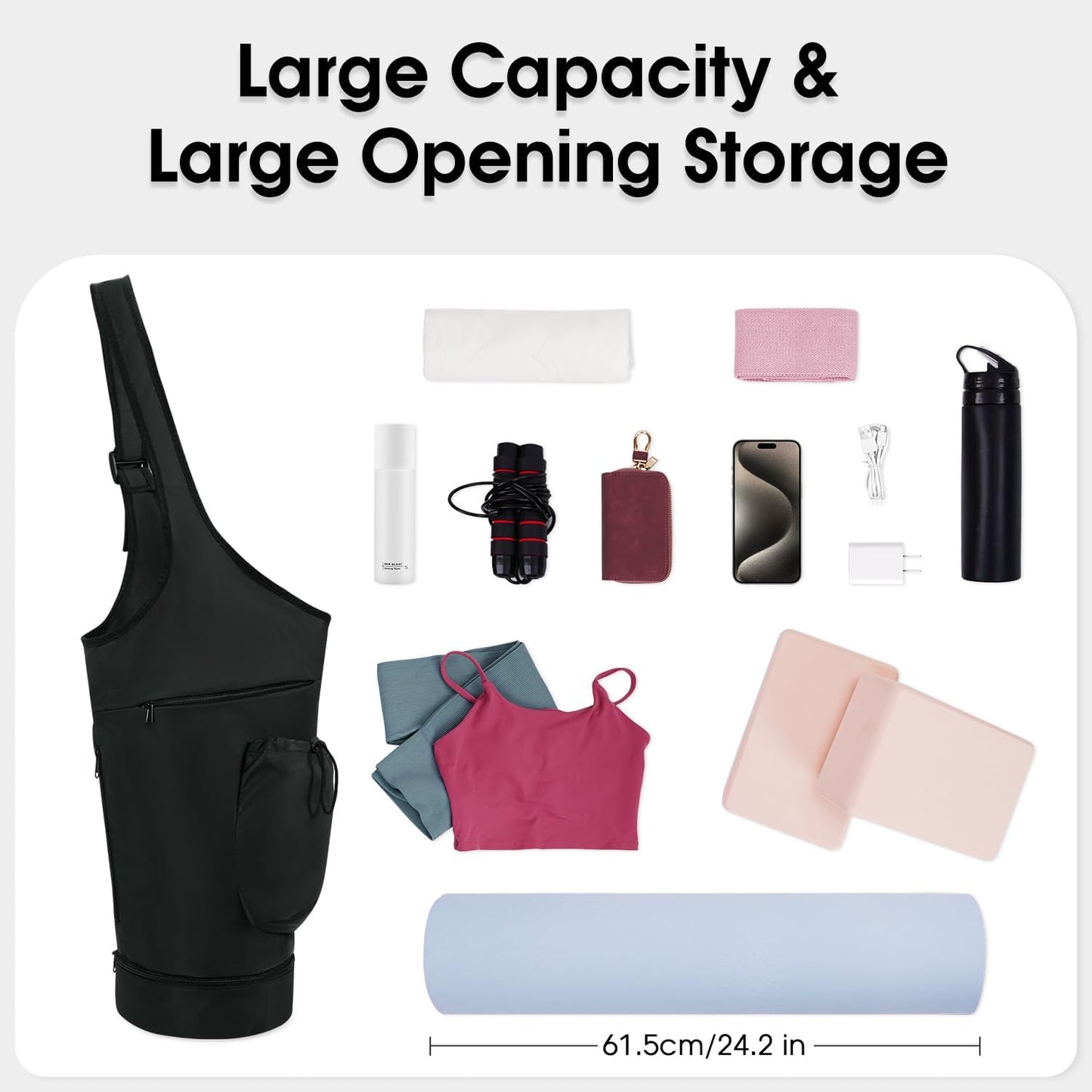 Yoga Mat Bag, Large Opening Long Tote Yoga Mat Carrier Holder Bag with Waterproof Wet Pocket and Drawstring Water Bottle Pocket, Adjustable Shoulder Strap Storage Bag, patent pending