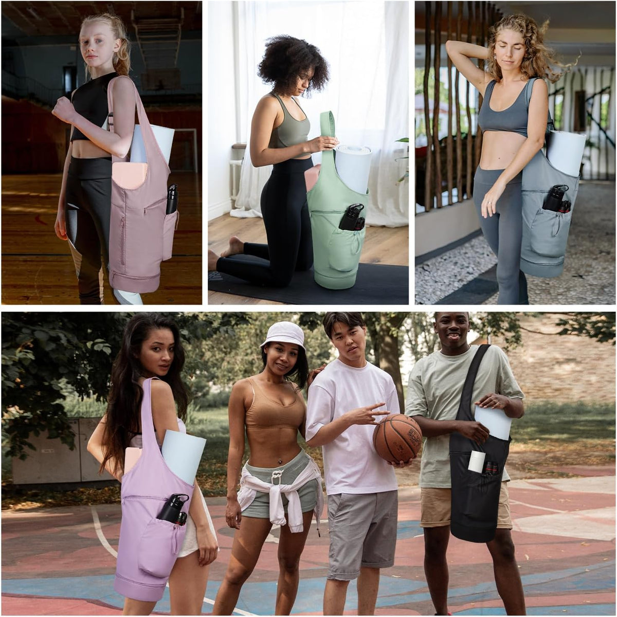 Yoga Mat Bag, Large Opening Long Tote Yoga Mat Carrier Holder Bag with Waterproof Wet Pocket and Drawstring Water Bottle Pocket, Adjustable Shoulder Strap Storage Bag, patent pending