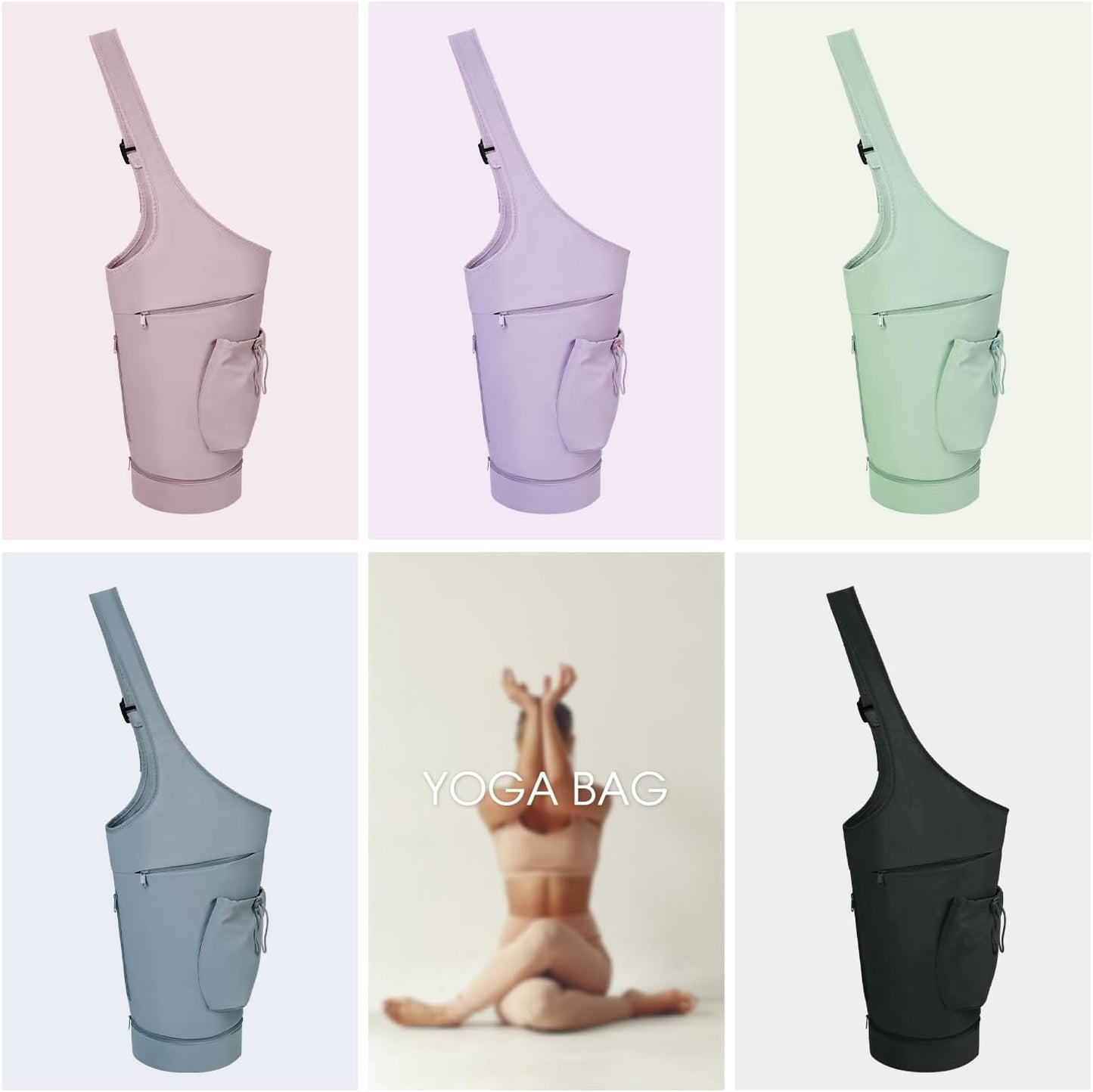 Yoga Mat Bag, Large Opening Long Tote Yoga Mat Carrier Holder Bag with Waterproof Wet Pocket and Drawstring Water Bottle Pocket, Adjustable Shoulder Strap Storage Bag, patent pending