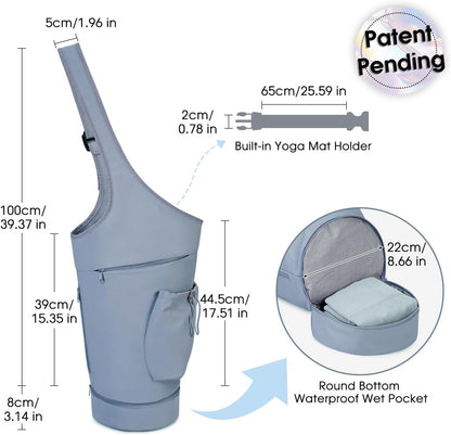 Yoga Mat Bag, Large Opening Long Tote Yoga Mat Carrier Holder Bag with Waterproof Wet Pocket and Drawstring Water Bottle Pocket, Adjustable Shoulder Strap Storage Bag, patent pending