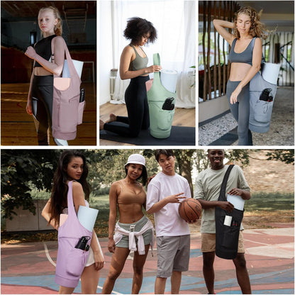 Yoga Mat Bag, Large Opening Long Tote Yoga Mat Carrier Holder Bag with Waterproof Wet Pocket and Drawstring Water Bottle Pocket, Adjustable Shoulder Strap Storage Bag, patent pending