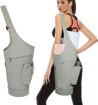 Yoga Mat Bag, Large Opening Long Tote Yoga Mat Carrier Holder Bag with Waterproof Wet Pocket and Drawstring Water Bottle Pocket, Adjustable Shoulder Strap Storage Bag, patent pending