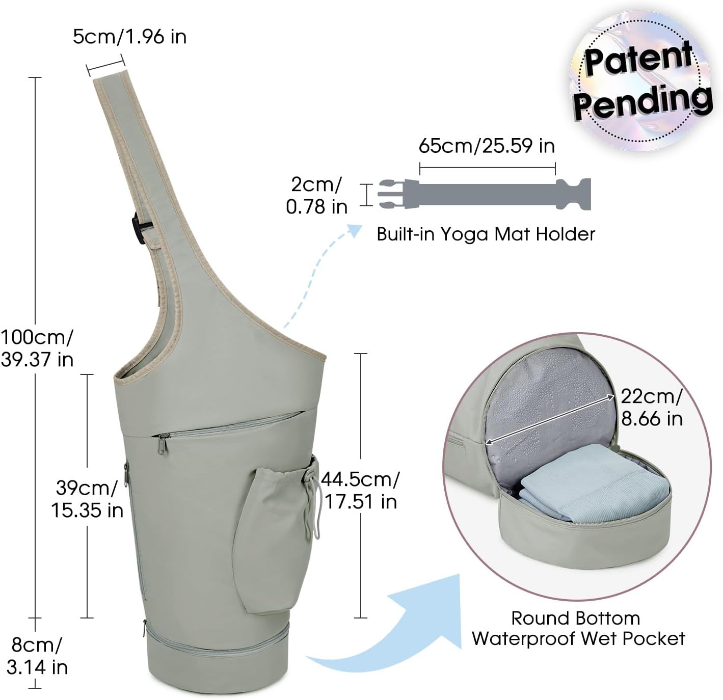 Yoga Mat Bag, Large Opening Long Tote Yoga Mat Carrier Holder Bag with Waterproof Wet Pocket and Drawstring Water Bottle Pocket, Adjustable Shoulder Strap Storage Bag, patent pending