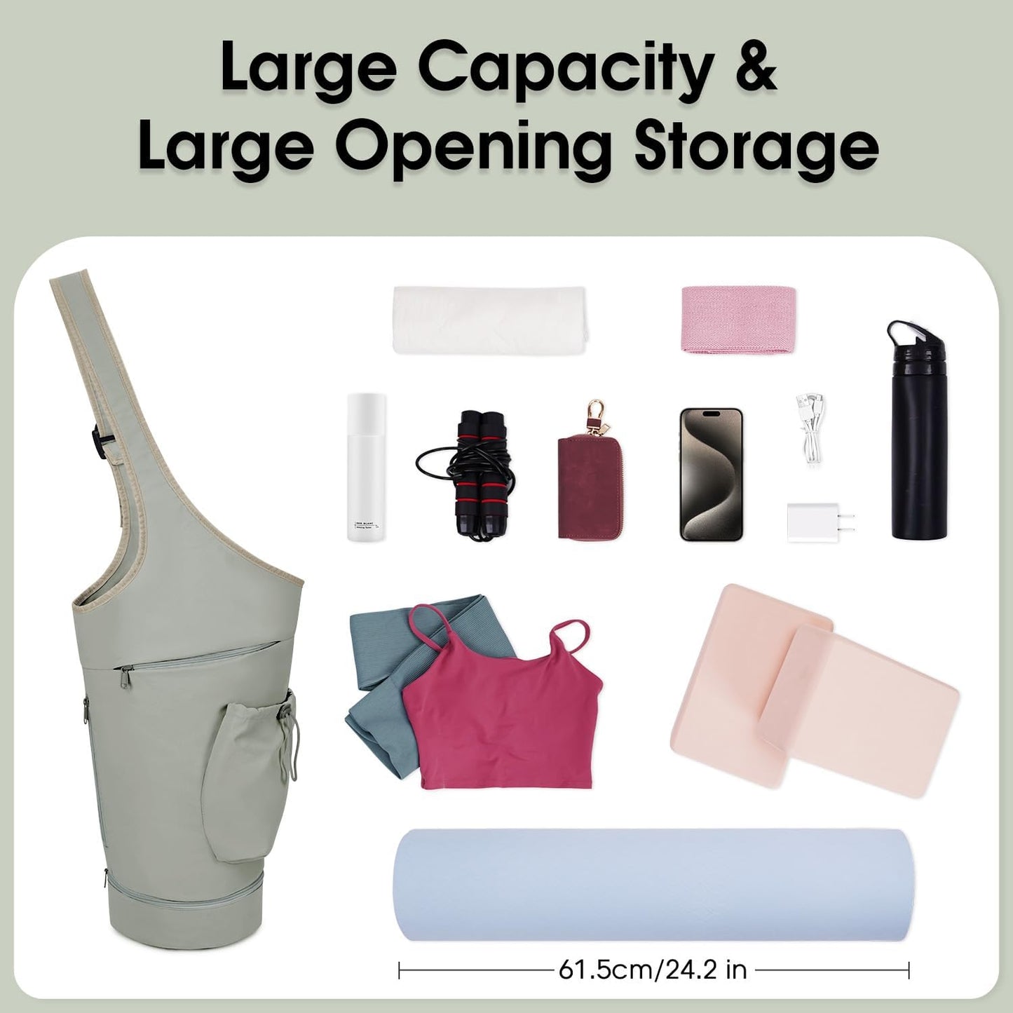 Yoga Mat Bag, Large Opening Long Tote Yoga Mat Carrier Holder Bag with Waterproof Wet Pocket and Drawstring Water Bottle Pocket, Adjustable Shoulder Strap Storage Bag, patent pending