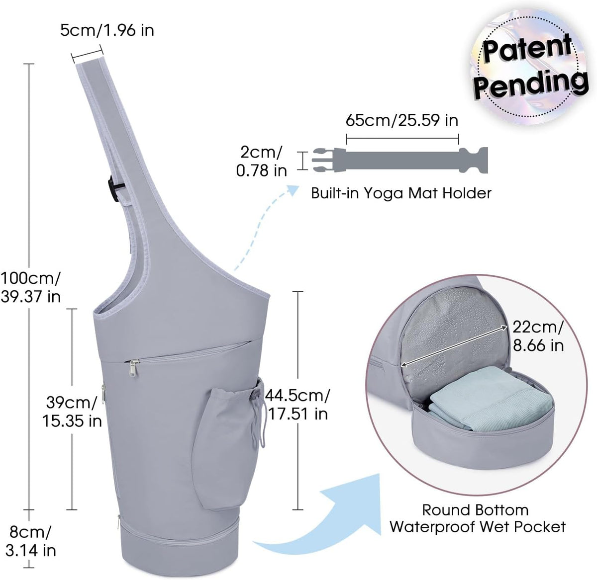 Yoga Mat Bag, Large Opening Long Tote Yoga Mat Carrier Holder Bag with Waterproof Wet Pocket and Drawstring Water Bottle Pocket, Adjustable Shoulder Strap Storage Bag, patent pending