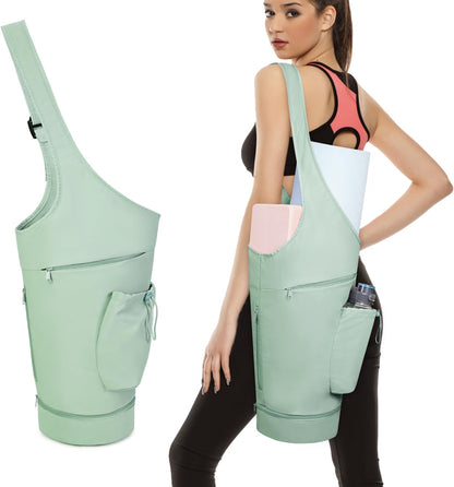 Yoga Mat Bag, Large Opening Long Tote Yoga Mat Carrier Holder Bag with Waterproof Wet Pocket and Drawstring Water Bottle Pocket, Adjustable Shoulder Strap Storage Bag, patent pending