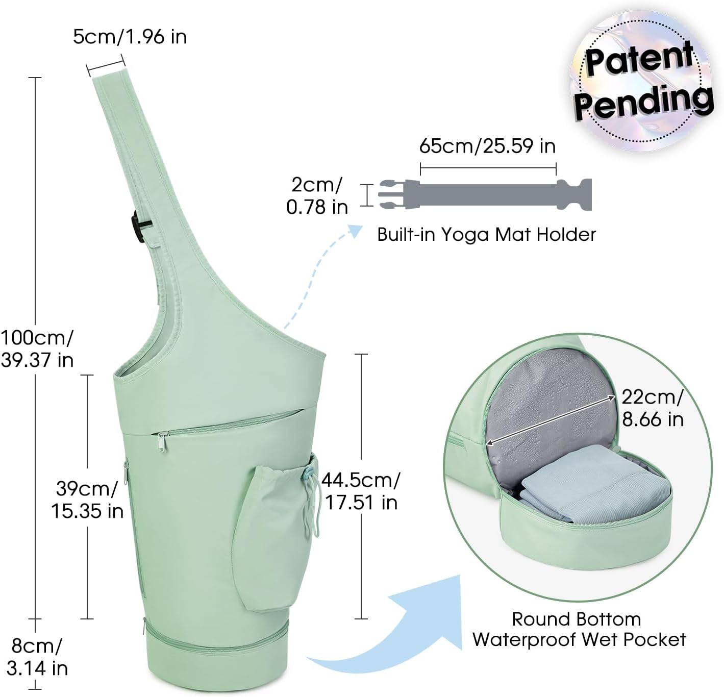 Yoga Mat Bag, Large Opening Long Tote Yoga Mat Carrier Holder Bag with Waterproof Wet Pocket and Drawstring Water Bottle Pocket, Adjustable Shoulder Strap Storage Bag, patent pending