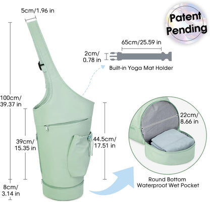 Yoga Mat Bag, Large Opening Long Tote Yoga Mat Carrier Holder Bag with Waterproof Wet Pocket and Drawstring Water Bottle Pocket, Adjustable Shoulder Strap Storage Bag, patent pending