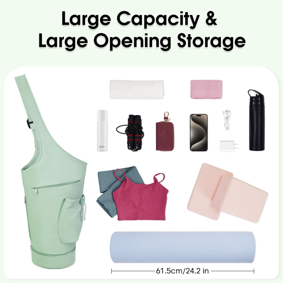 Yoga Mat Bag, Large Opening Long Tote Yoga Mat Carrier Holder Bag with Waterproof Wet Pocket and Drawstring Water Bottle Pocket, Adjustable Shoulder Strap Storage Bag, patent pending