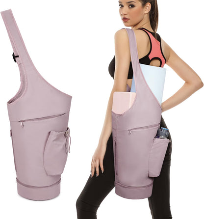 Yoga Mat Bag, Large Opening Long Tote Yoga Mat Carrier Holder Bag with Waterproof Wet Pocket and Drawstring Water Bottle Pocket, Adjustable Shoulder Strap Storage Bag, patent pending