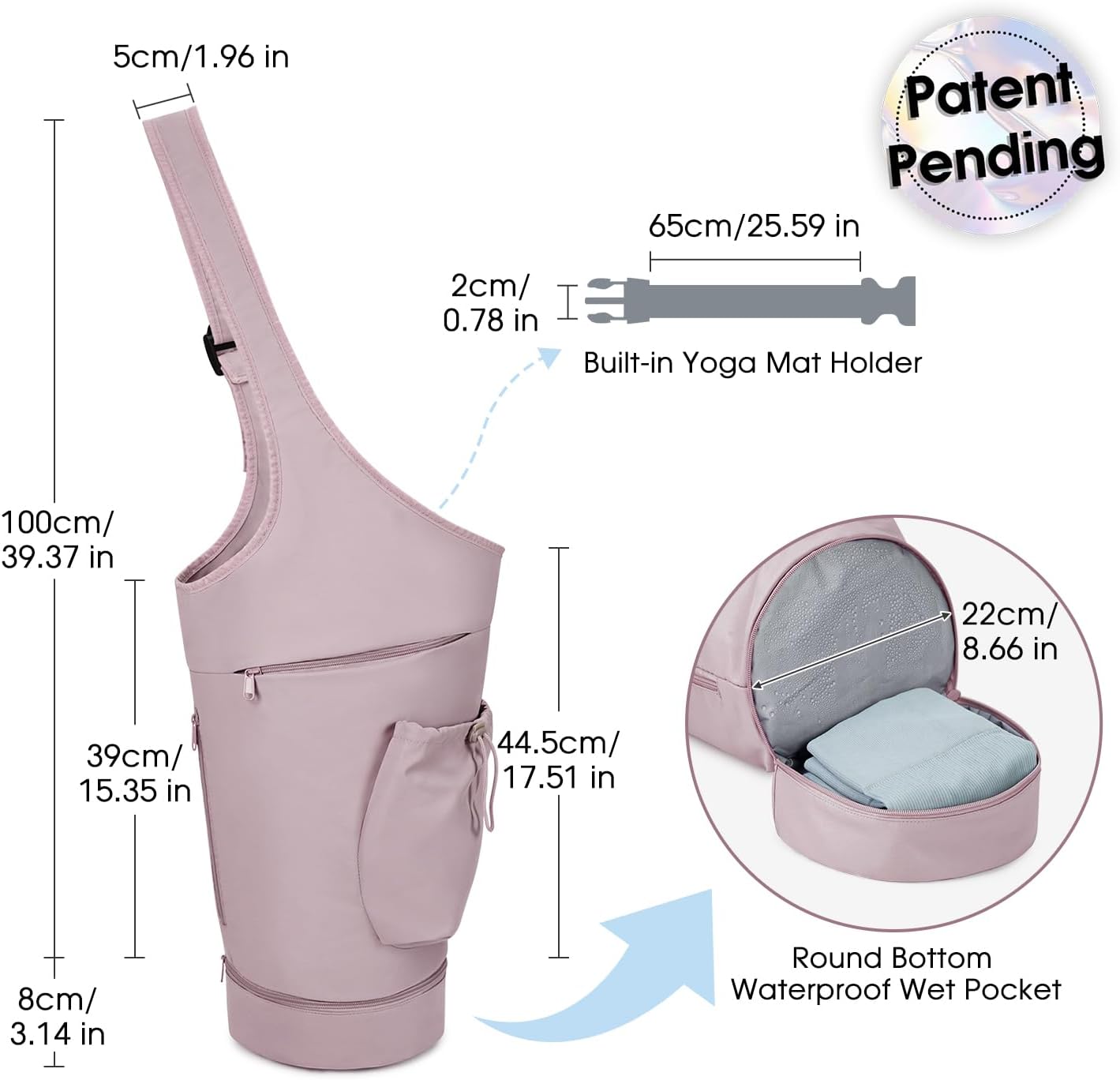 Yoga Mat Bag, Large Opening Long Tote Yoga Mat Carrier Holder Bag with Waterproof Wet Pocket and Drawstring Water Bottle Pocket, Adjustable Shoulder Strap Storage Bag, patent pending