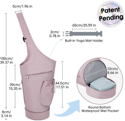 Yoga Mat Bag, Large Opening Long Tote Yoga Mat Carrier Holder Bag with Waterproof Wet Pocket and Drawstring Water Bottle Pocket, Adjustable Shoulder Strap Storage Bag, patent pending