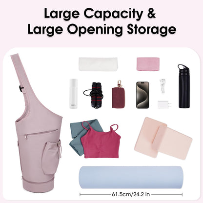 Yoga Mat Bag, Large Opening Long Tote Yoga Mat Carrier Holder Bag with Waterproof Wet Pocket and Drawstring Water Bottle Pocket, Adjustable Shoulder Strap Storage Bag, patent pending