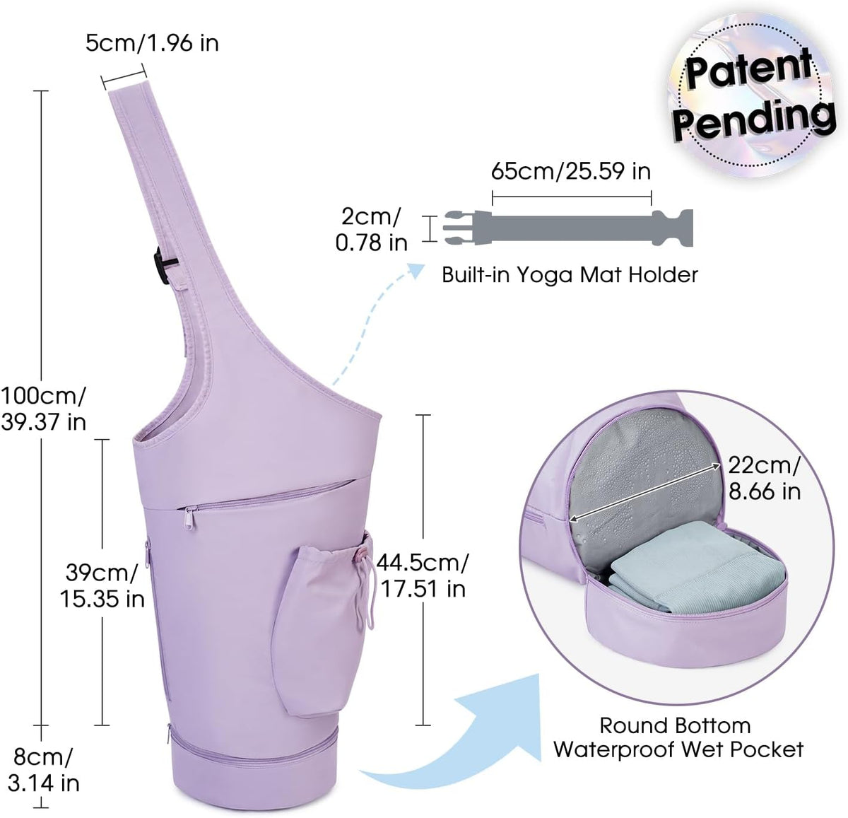 Yoga Mat Bag, Large Opening Long Tote Yoga Mat Carrier Holder Bag with Waterproof Wet Pocket and Drawstring Water Bottle Pocket, Adjustable Shoulder Strap Storage Bag, patent pending