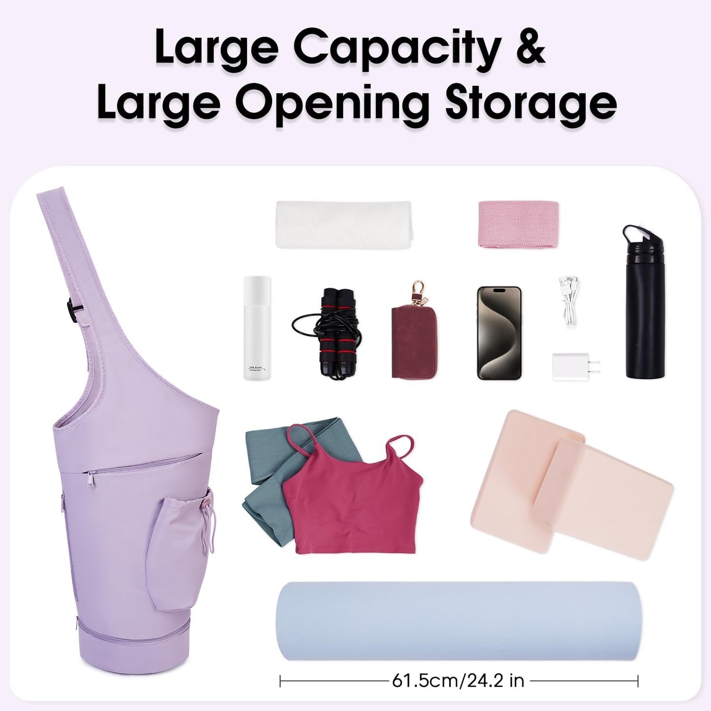 Yoga Mat Bag, Large Opening Long Tote Yoga Mat Carrier Holder Bag with Waterproof Wet Pocket and Drawstring Water Bottle Pocket, Adjustable Shoulder Strap Storage Bag, patent pending