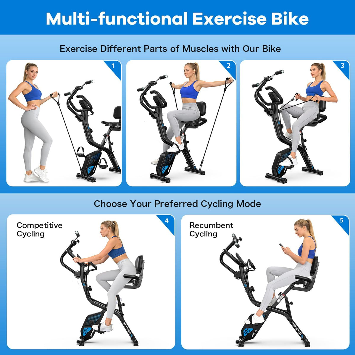 Folding Exercise Bike, Foldable Upright Stationary Bike, Indoor Cycling Magnetic X-Bike with 8-Level Adjustable Resistance, 6.6 LBS Flywheel, 300LB Capacity, Back Support Cushion for Home Gym