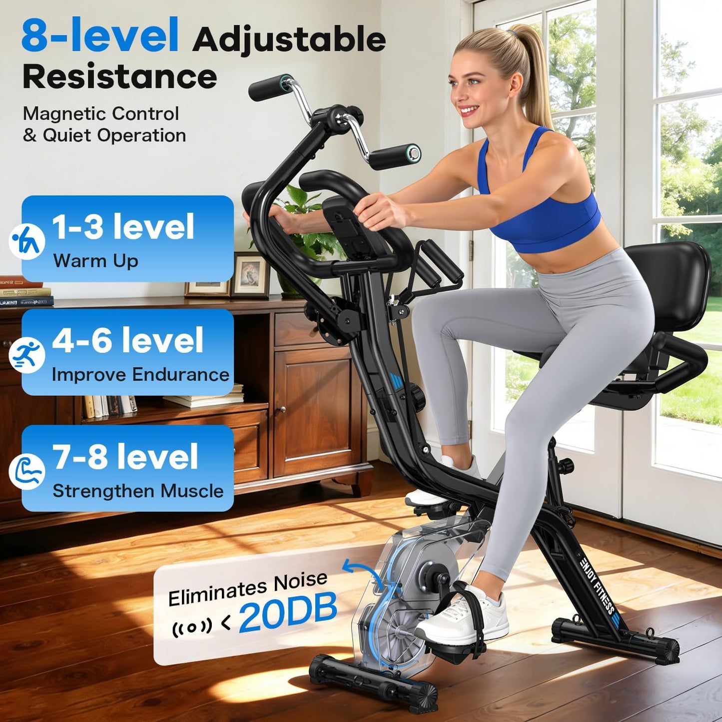 Folding Exercise Bike, Foldable Upright Stationary Bike, Indoor Cycling Magnetic X-Bike with 8-Level Adjustable Resistance, 6.6 LBS Flywheel, 300LB Capacity, Back Support Cushion for Home Gym