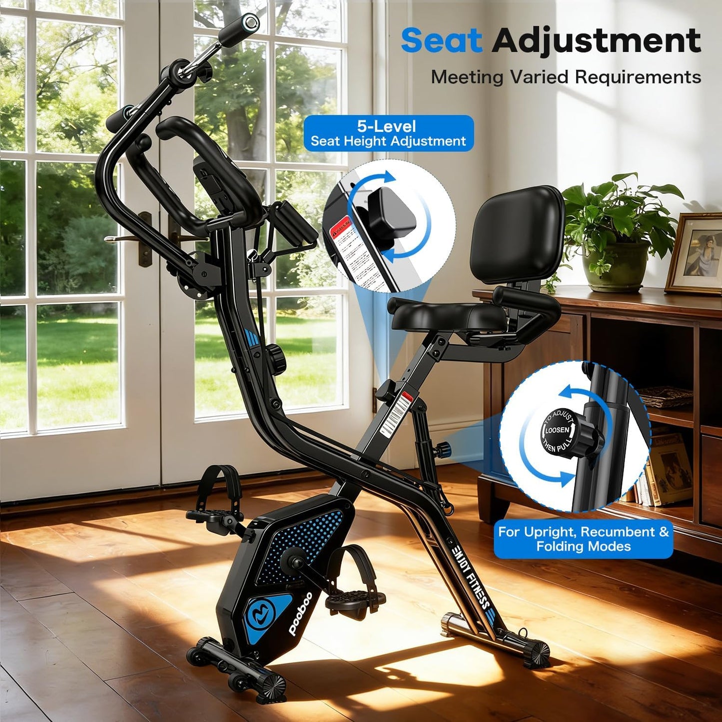 Folding Exercise Bike, Foldable Upright Stationary Bike, Indoor Cycling Magnetic X-Bike with 8-Level Adjustable Resistance, 6.6 LBS Flywheel, 300LB Capacity, Back Support Cushion for Home Gym