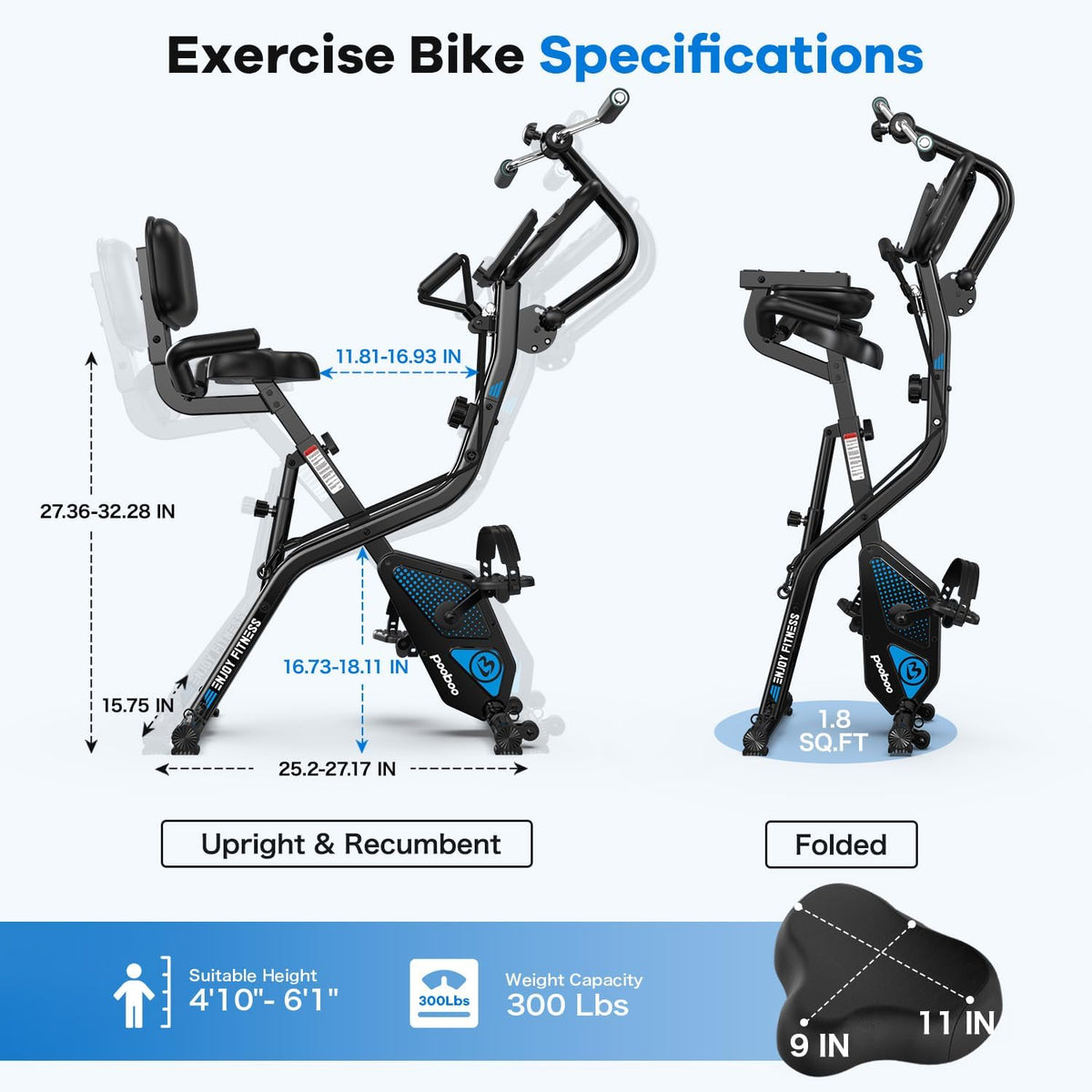 Folding Exercise Bike, Foldable Upright Stationary Bike, Indoor Cycling Magnetic X-Bike with 8-Level Adjustable Resistance, 6.6 LBS Flywheel, 300LB Capacity, Back Support Cushion for Home Gym