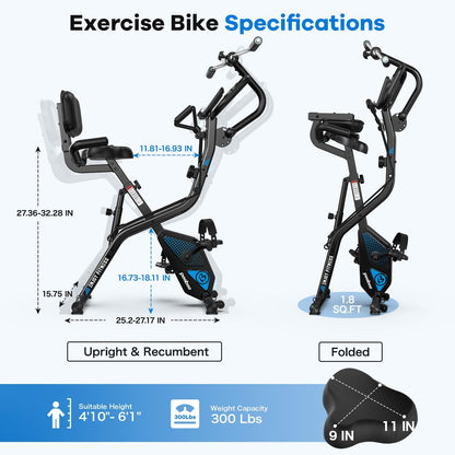 Folding Exercise Bike, Foldable Upright Stationary Bike, Indoor Cycling Magnetic X-Bike with 8-Level Adjustable Resistance, 6.6 LBS Flywheel, 300LB Capacity, Back Support Cushion for Home Gym