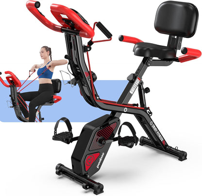 Folding Exercise Bike, Foldable Upright Stationary Bike, Indoor Cycling Magnetic X-Bike with 8-Level Adjustable Resistance, 6.6 LBS Flywheel, 300LB Capacity, Back Support Cushion for Home Gym
