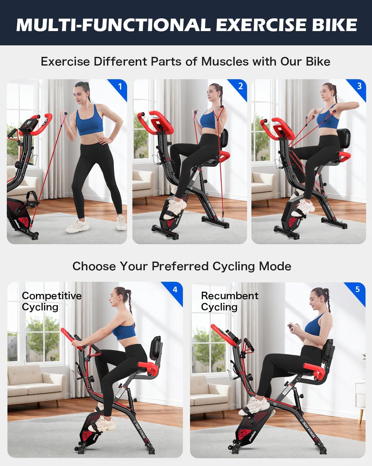 Folding Exercise Bike, Foldable Upright Stationary Bike, Indoor Cycling Magnetic X-Bike with 8-Level Adjustable Resistance, 6.6 LBS Flywheel, 300LB Capacity, Back Support Cushion for Home Gym
