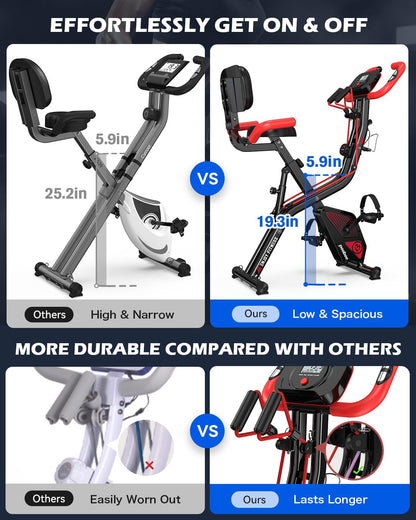 Folding Exercise Bike, Foldable Upright Stationary Bike, Indoor Cycling Magnetic X-Bike with 8-Level Adjustable Resistance, 6.6 LBS Flywheel, 300LB Capacity, Back Support Cushion for Home Gym