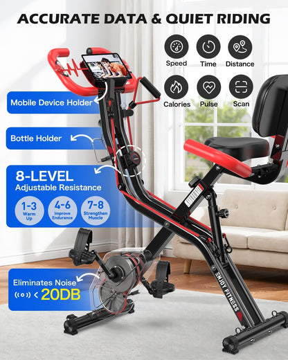 Folding Exercise Bike, Foldable Upright Stationary Bike, Indoor Cycling Magnetic X-Bike with 8-Level Adjustable Resistance, 6.6 LBS Flywheel, 300LB Capacity, Back Support Cushion for Home Gym
