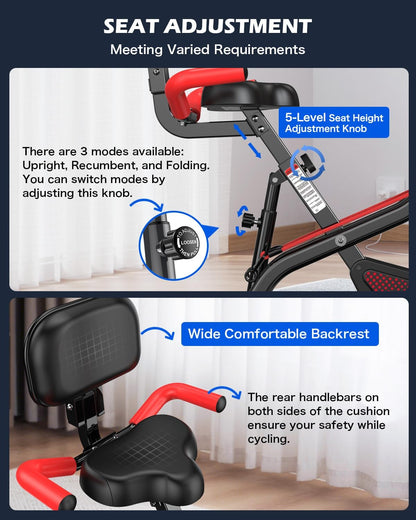 Folding Exercise Bike, Foldable Upright Stationary Bike, Indoor Cycling Magnetic X-Bike with 8-Level Adjustable Resistance, 6.6 LBS Flywheel, 300LB Capacity, Back Support Cushion for Home Gym