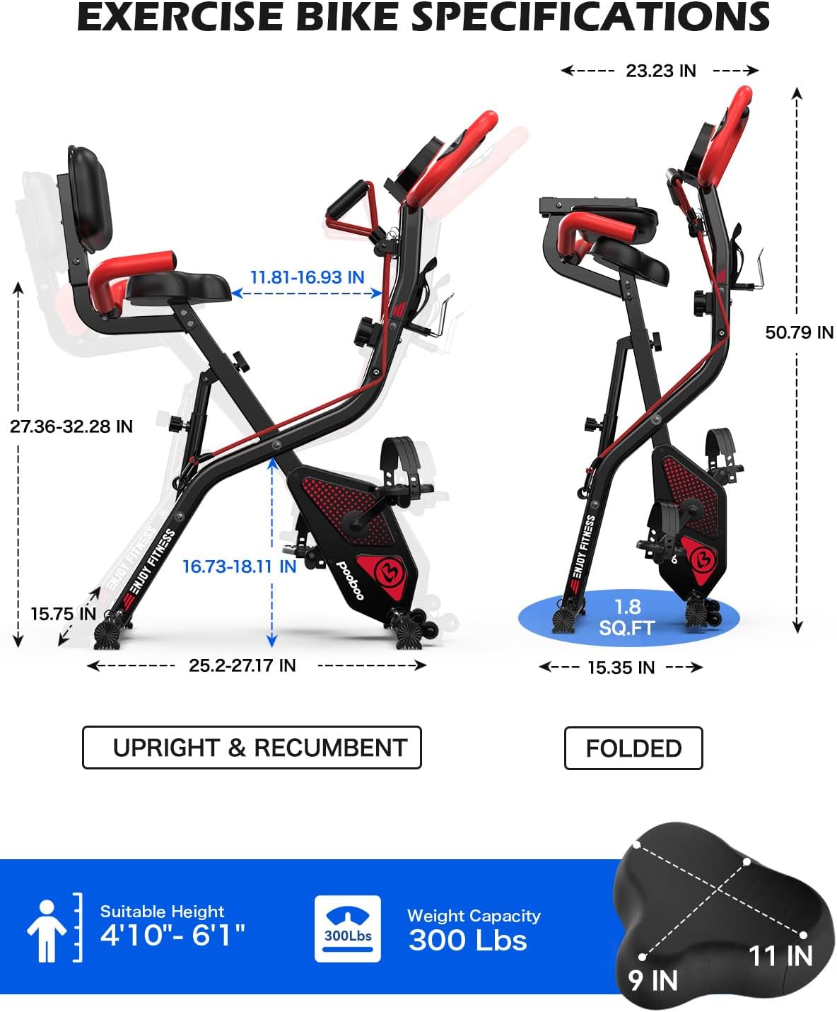 Folding Exercise Bike, Foldable Upright Stationary Bike, Indoor Cycling Magnetic X-Bike with 8-Level Adjustable Resistance, 6.6 LBS Flywheel, 300LB Capacity, Back Support Cushion for Home Gym