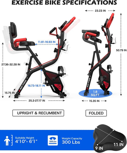 Folding Exercise Bike, Foldable Upright Stationary Bike, Indoor Cycling Magnetic X-Bike with 8-Level Adjustable Resistance, 6.6 LBS Flywheel, 300LB Capacity, Back Support Cushion for Home Gym