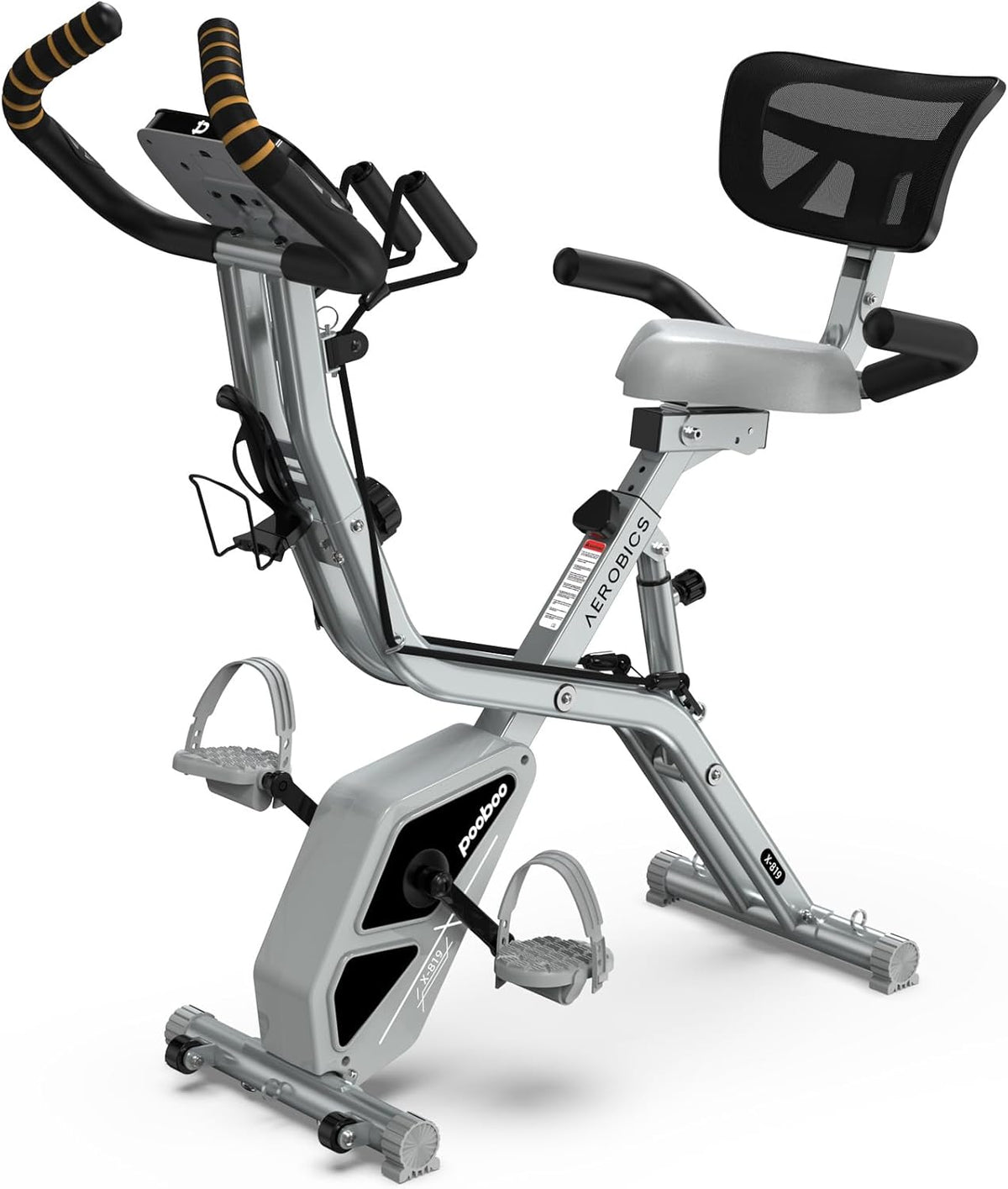 Folding Exercise Bike, Foldable Upright Stationary Bike, Indoor Cycling Magnetic X-Bike with 8-Level Adjustable Resistance, 6.6 LBS Flywheel, 300LB Capacity, Back Support Cushion for Home Gym