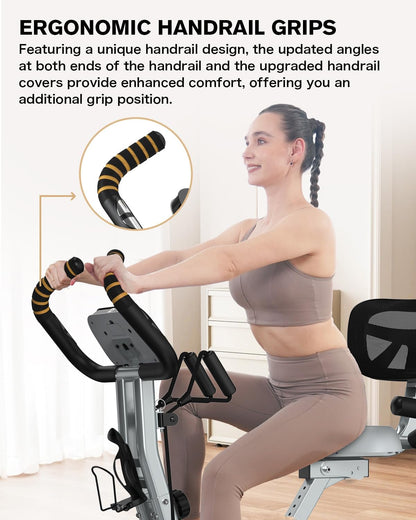 Folding Exercise Bike, Foldable Upright Stationary Bike, Indoor Cycling Magnetic X-Bike with 8-Level Adjustable Resistance, 6.6 LBS Flywheel, 300LB Capacity, Back Support Cushion for Home Gym