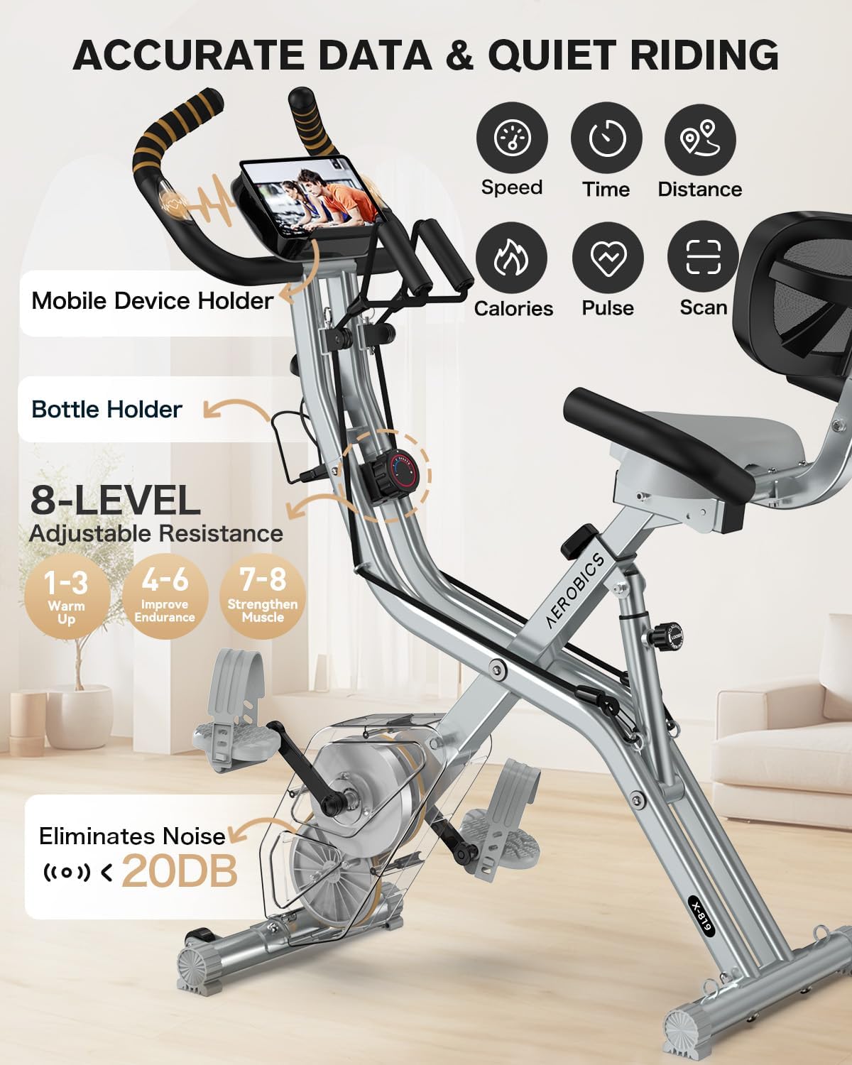 Folding Exercise Bike, Foldable Upright Stationary Bike, Indoor Cycling Magnetic X-Bike with 8-Level Adjustable Resistance, 6.6 LBS Flywheel, 300LB Capacity, Back Support Cushion for Home Gym
